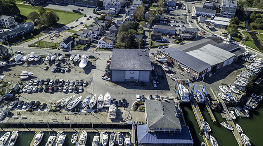 aerial view of boating buildings
